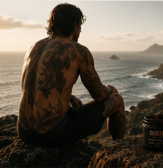 Surfeur tatoué au bord de l’océan après une session