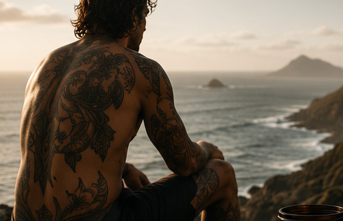 Personne tatouée avec une planche de surf au coucher du soleil