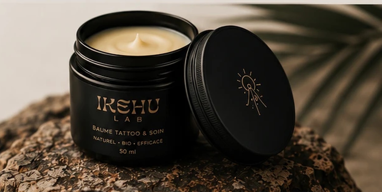 Baume IKEHU Ink Balm ouvert sur une roche naturelle